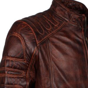 Men's Dark Brown Padded Waxed Genuine Leather Motorcycle Jacket