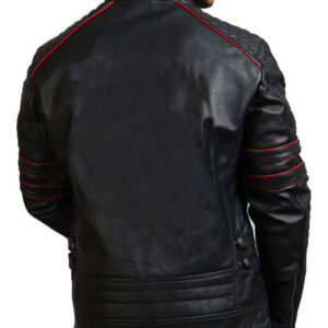 Quilted Shoulder Black Biker Leather Jacket