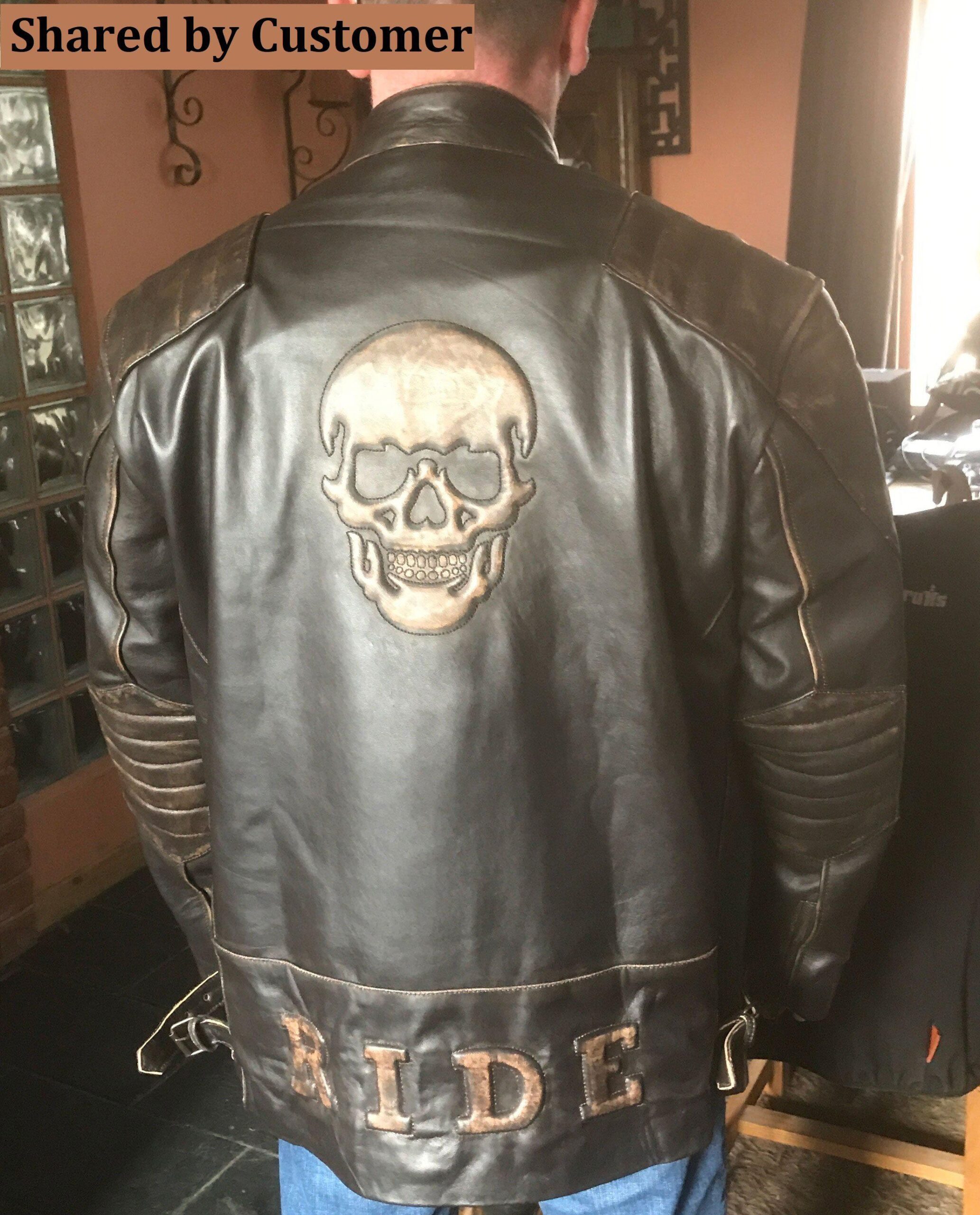 Men's Black Skull Embossed Ride Genuine Leather Biker Jacket