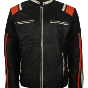 Black Retro Men's Biker Leather Jacket with Stripes