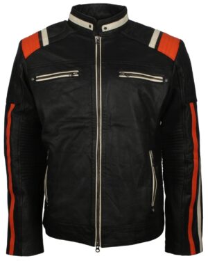 Black Retro Men's Biker Leather Jacket with Stripes