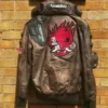 Cyberpunk 2077 LED Collar Distressed Brown Leather Costume Embroidery Jacket Men