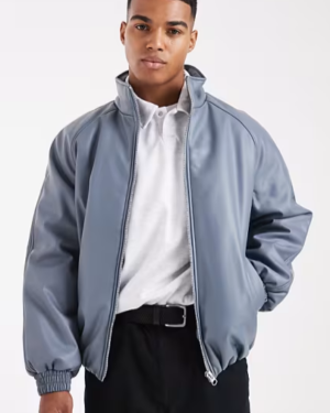 Faux Leather Funnel Neck Blue Jacket