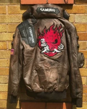 Cyberpunk 2077 LED Collar Distressed Brown Leather Costume Embroidery Jacket Men