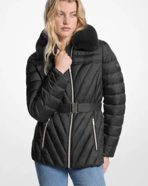 Michael Kors Women's Faux Fur Trim Packable Nylon Puffer Jacket MICHAEL